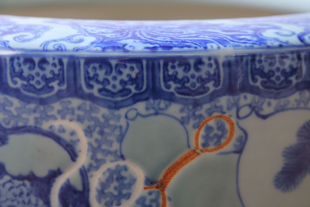 アンティーク雑貨　古民具・骨董　龍のひょうたん窓絵が美しい特大アンティーク瀬戸火鉢