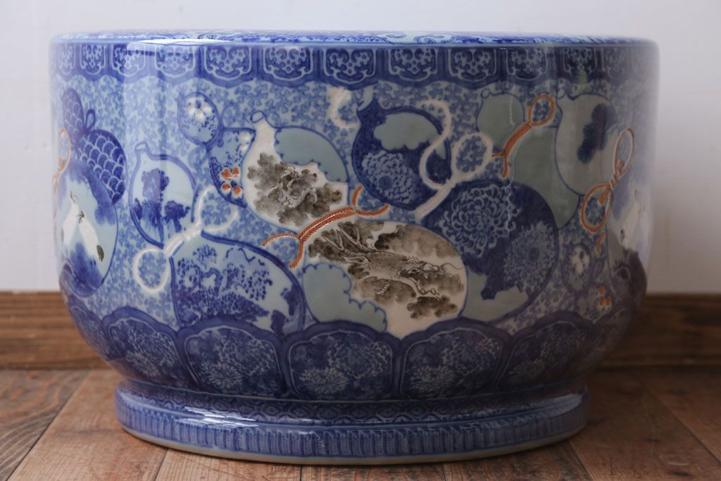 アンティーク雑貨　古民具・骨董　龍のひょうたん窓絵が美しい特大アンティーク瀬戸火鉢