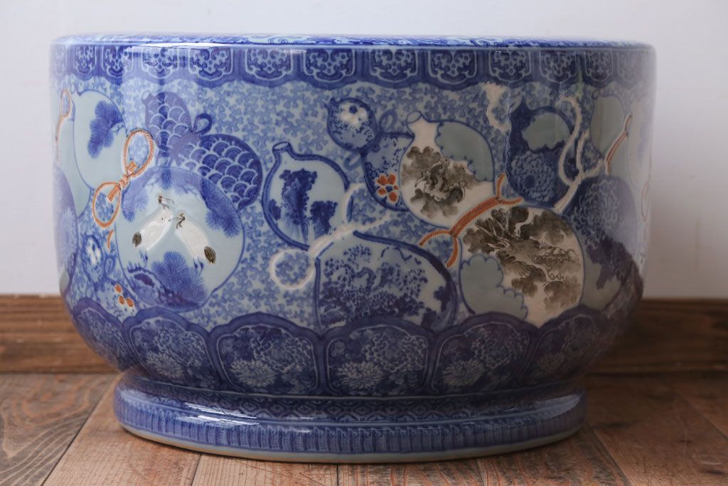 アンティーク雑貨　古民具・骨董　龍のひょうたん窓絵が美しい特大アンティーク瀬戸火鉢