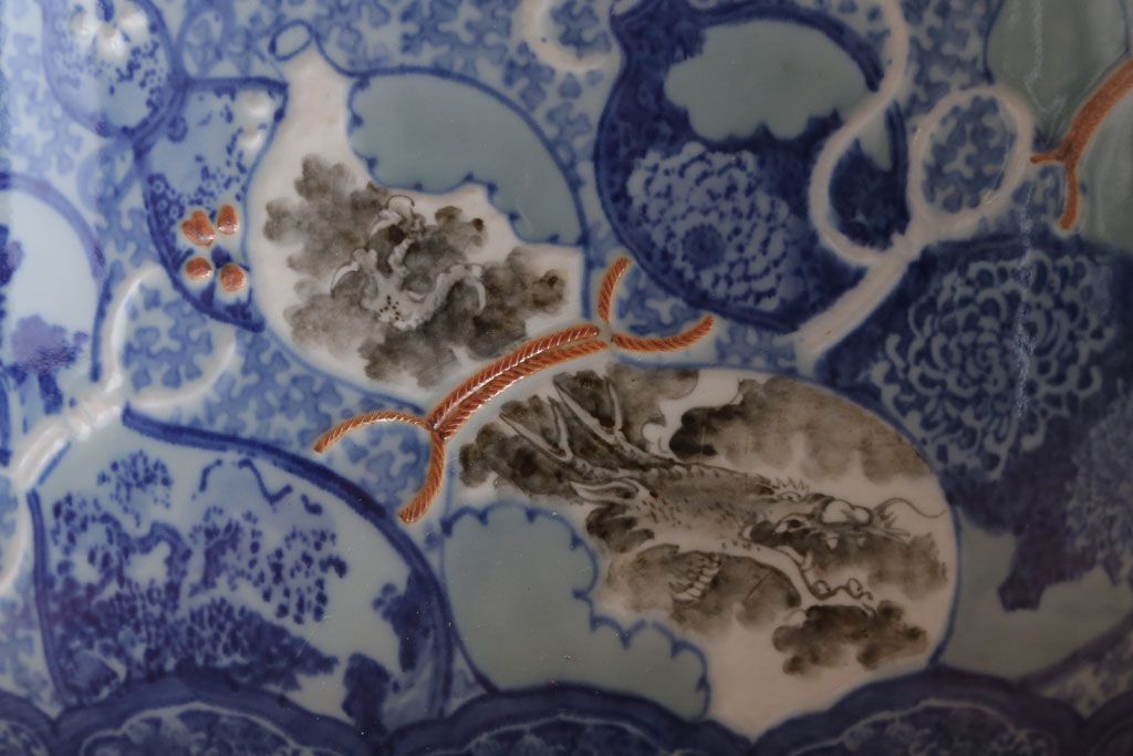 アンティーク雑貨　古民具・骨董　龍のひょうたん窓絵が美しい特大アンティーク瀬戸火鉢