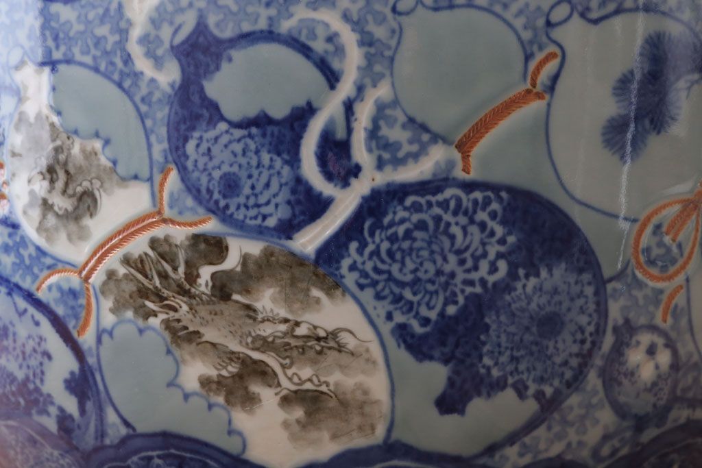 アンティーク雑貨　古民具・骨董　龍のひょうたん窓絵が美しい特大アンティーク瀬戸火鉢