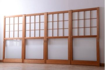 中古　ぼかしガラス入り!雪見障子戸4枚セット(引き戸、擦り上げ障子戸、擦上障子戸)