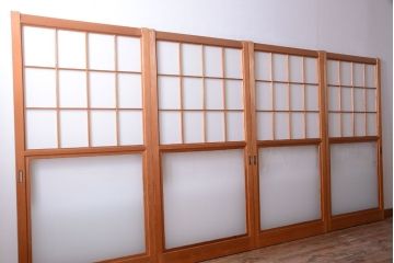 中古　ぼかしガラス入り!雪見障子戸4枚セット(引き戸、擦り上げ障子戸、擦上障子戸)