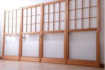 中古　ぼかしガラス入り!雪見障子戸4枚セット(引き戸、擦り上げ障子戸、擦上障子戸)