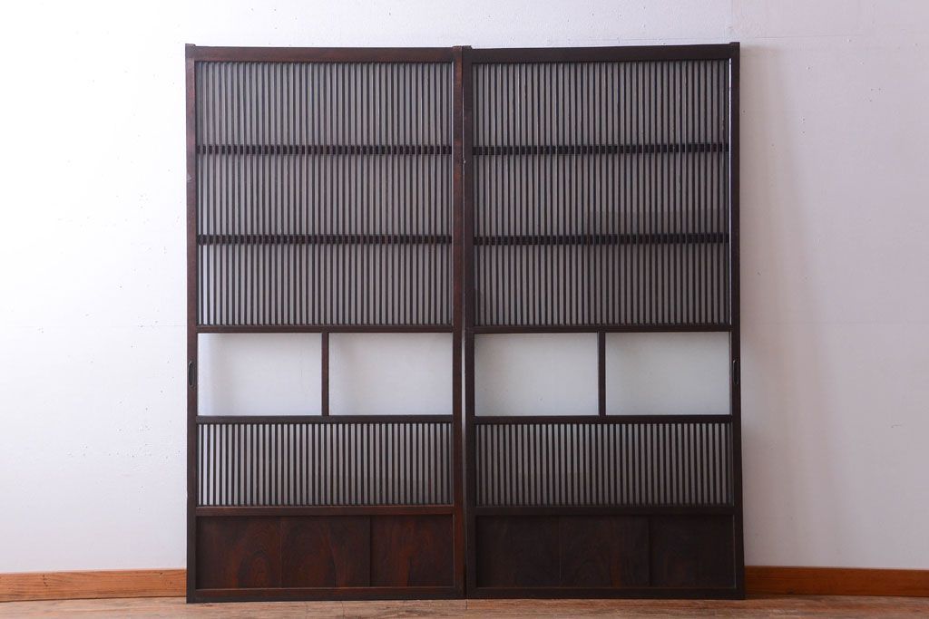 古民具・骨董　大正期　裏ガラス入り!結霜ガラス帯格子戸2枚セット