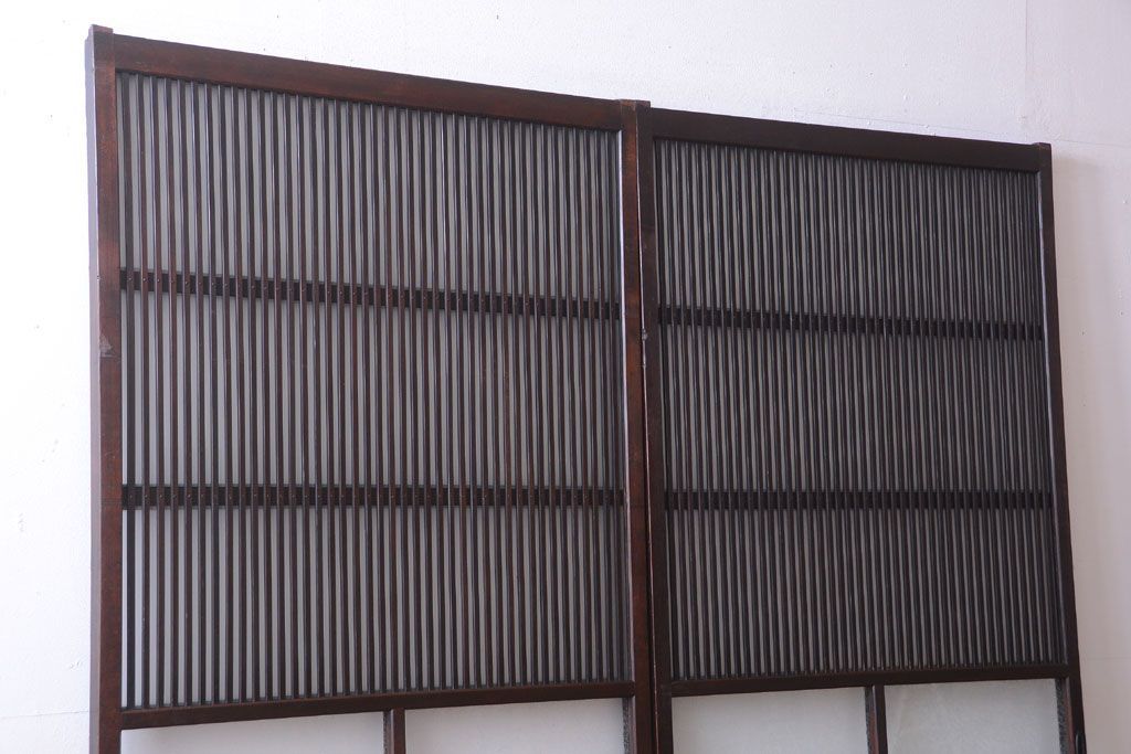 古民具・骨董　大正期　裏ガラス入り!結霜ガラス帯格子戸2枚セット