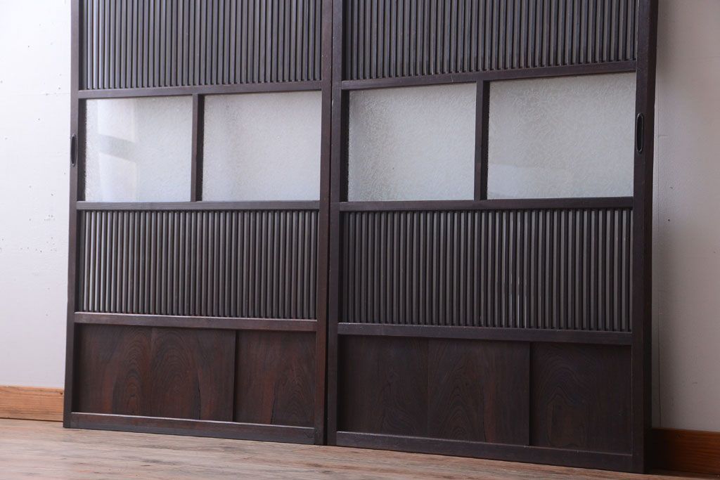 古民具・骨董　大正期　裏ガラス入り!結霜ガラス帯格子戸2枚セット