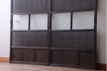 古民具・骨董　大正期　裏ガラス入り!結霜ガラス帯格子戸2枚セット