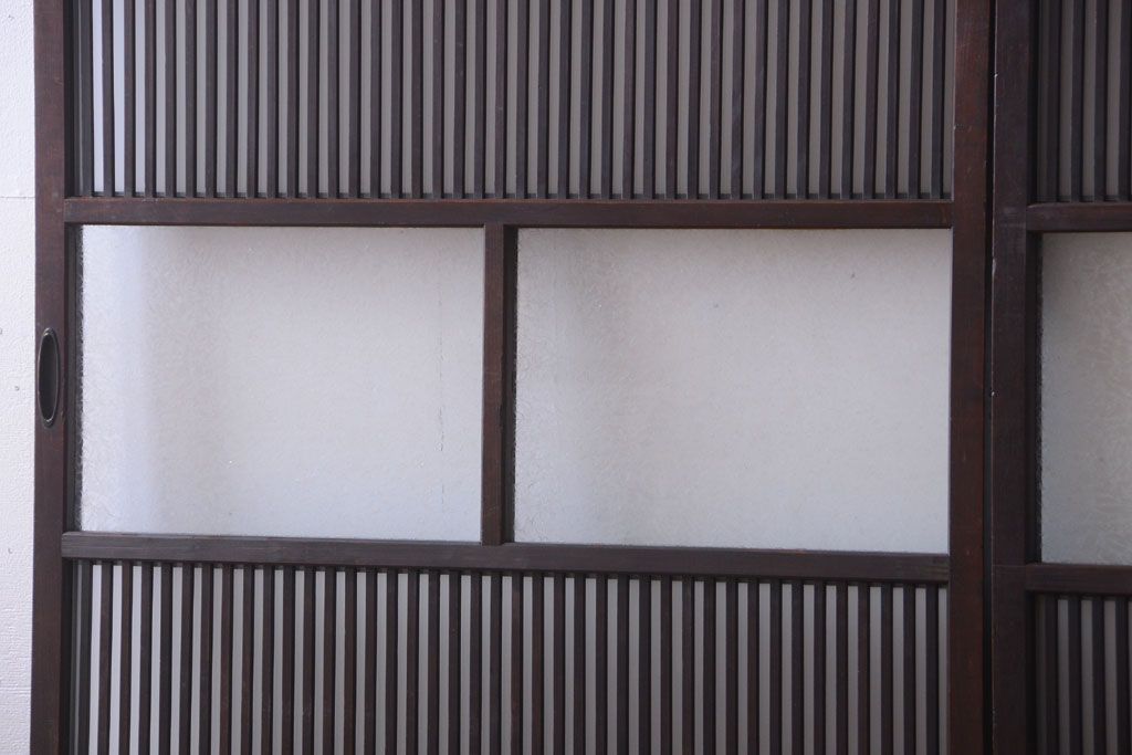 古民具・骨董　大正期　裏ガラス入り!結霜ガラス帯格子戸2枚セット