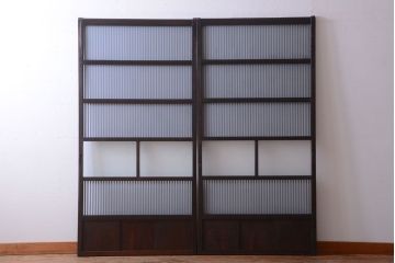 古民具・骨董　大正期　裏ガラス入り!結霜ガラス帯格子戸2枚セット