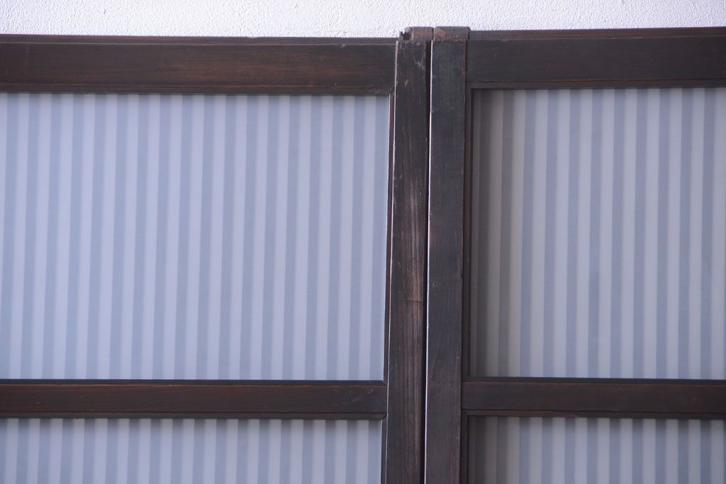 古民具・骨董　大正期　裏ガラス入り!結霜ガラス帯格子戸2枚セット