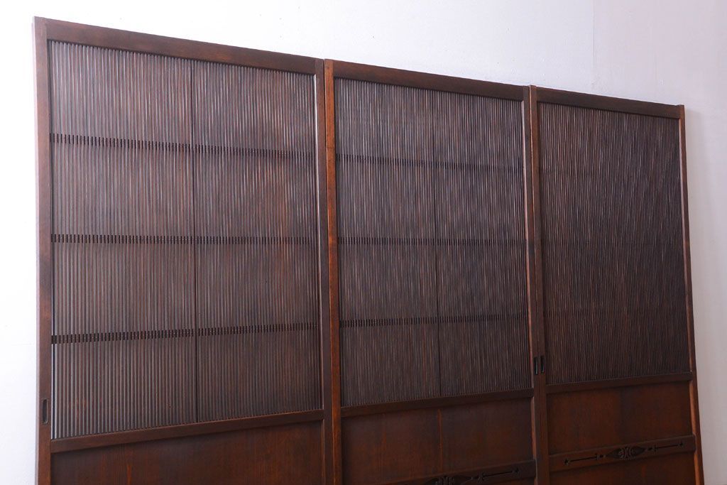 古民具・骨董　縦桟81本の極上品!裏ガラス入りの最高級アンティーク万本格子戸3枚セット