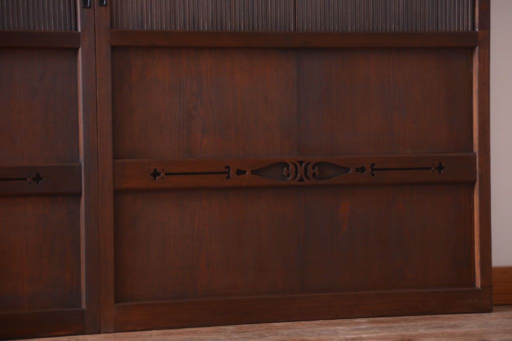 古民具・骨董　縦桟81本の極上品!裏ガラス入りの最高級アンティーク万本格子戸3枚セット