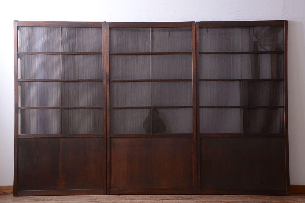 古民具・骨董　縦桟81本の極上品!裏ガラス入りの最高級アンティーク万本格子戸3枚セット