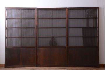 古民具・骨董　縦桟81本の極上品!裏ガラス入りの最高級アンティーク万本格子戸3枚セット