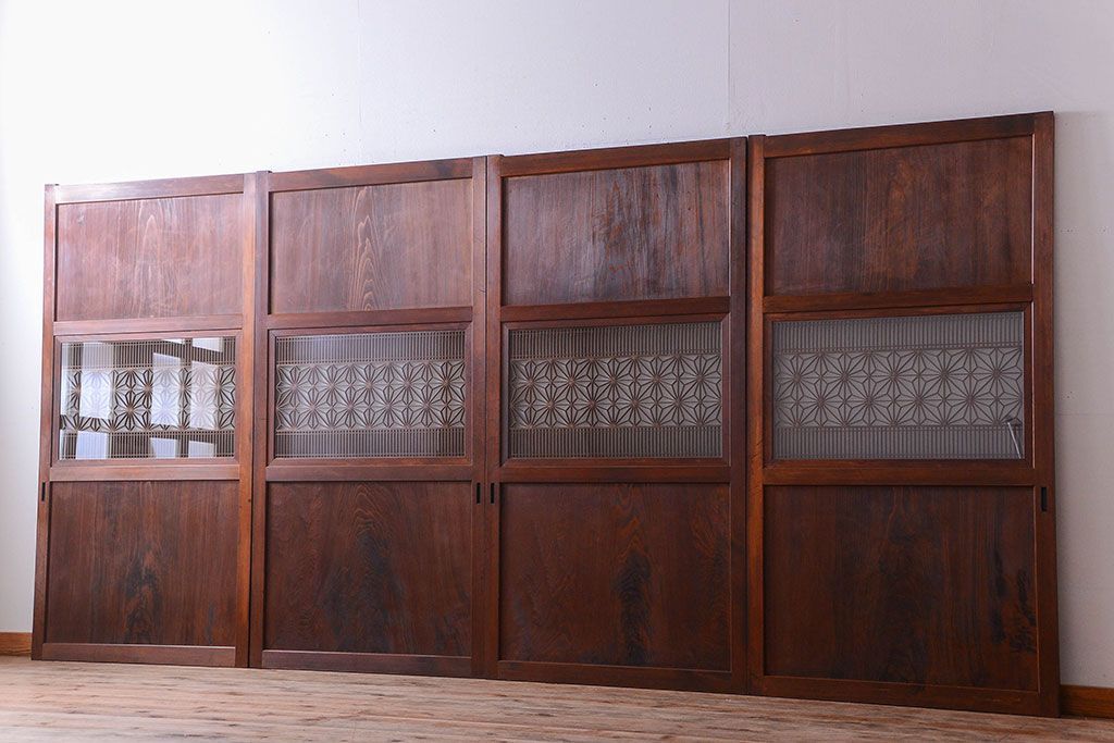 和製アンティーク　組子入り!古い木の上品なすりガラス帯戸4枚セット