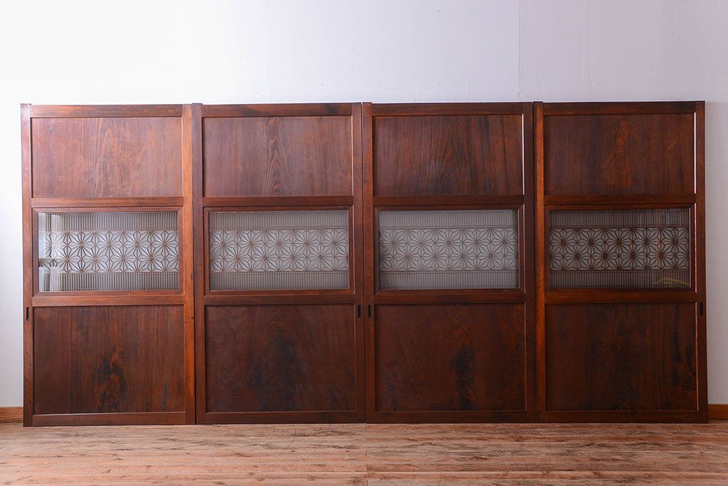 和製アンティーク　組子入り!古い木の上品なすりガラス帯戸4枚セット