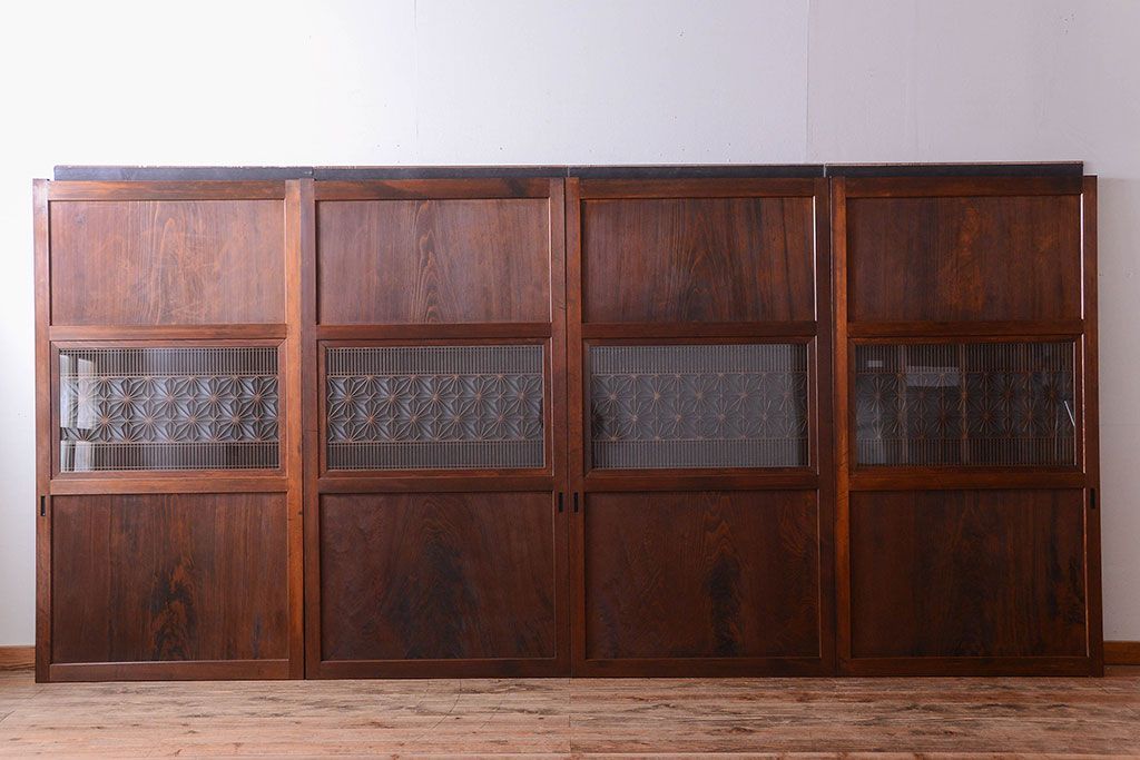 和製アンティーク　組子入り!古い木の上品なすりガラス帯戸4枚セット