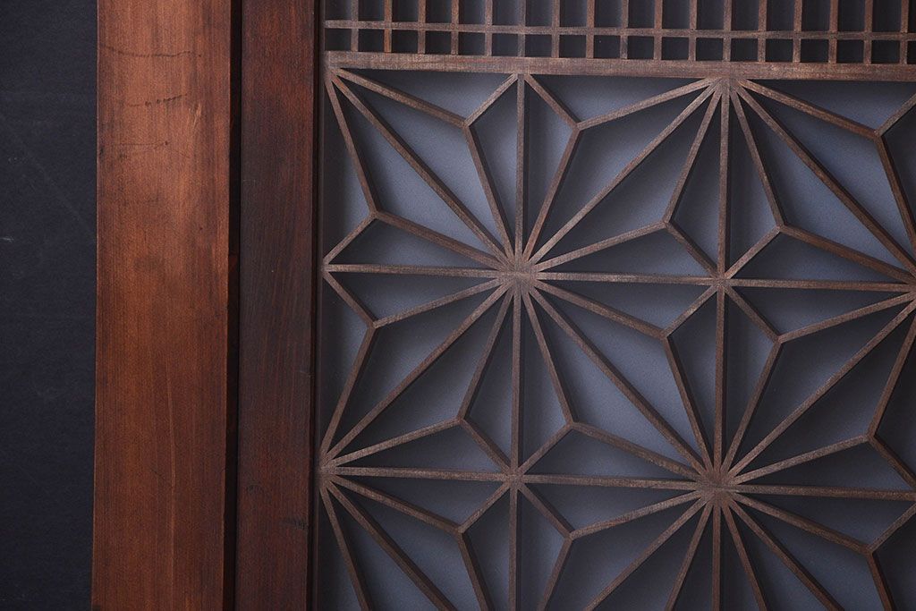 和製アンティーク　組子入り!古い木の上品なすりガラス帯戸4枚セット