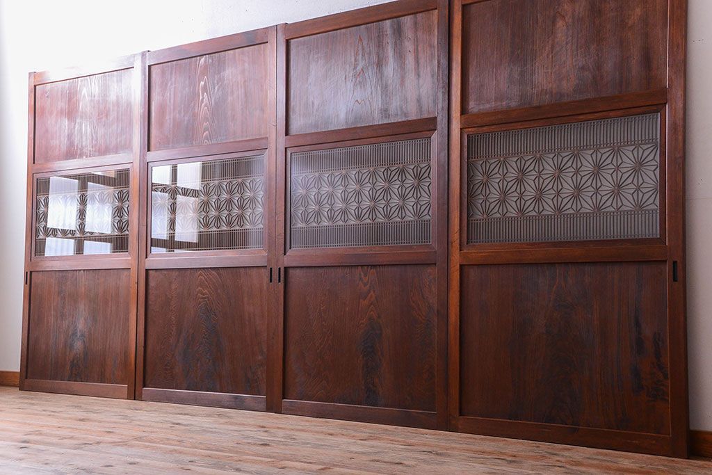 和製アンティーク　組子入り!古い木の上品なすりガラス帯戸4枚セット