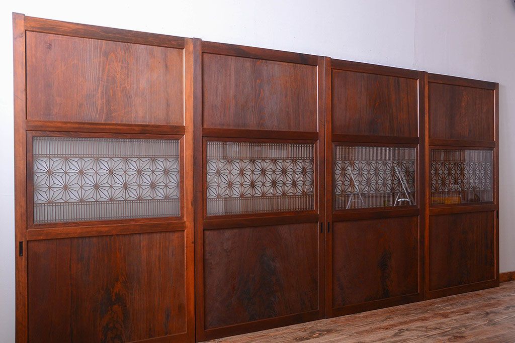 和製アンティーク　組子入り!古い木の上品なすりガラス帯戸4枚セット