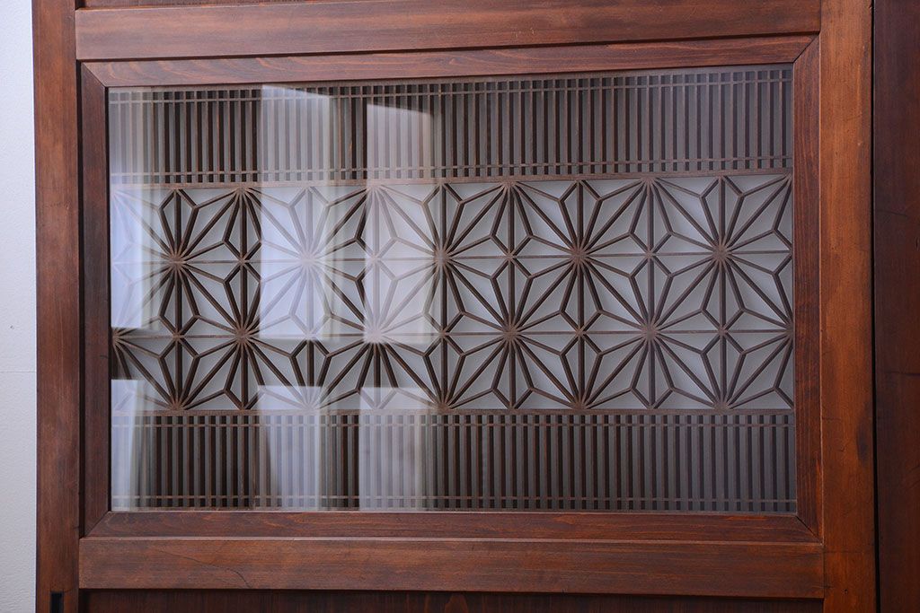 和製アンティーク　組子入り!古い木の上品なすりガラス帯戸4枚セット