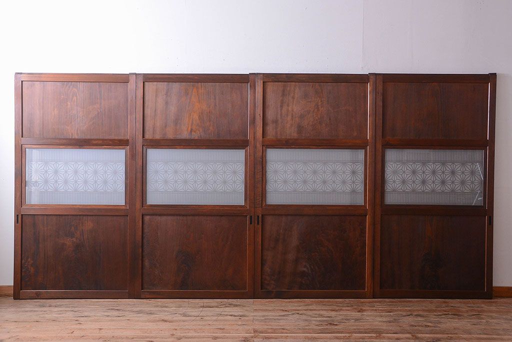 和製アンティーク　組子入り!古い木の上品なすりガラス帯戸4枚セット