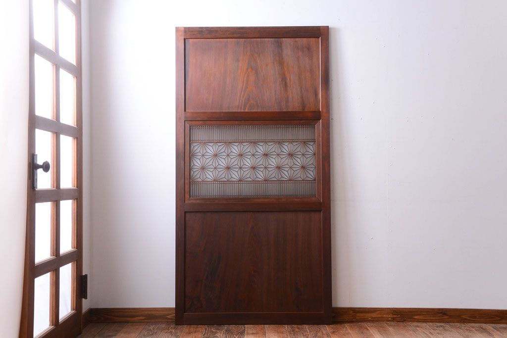 和製アンティーク　組子入り!古い木の上品なすりガラス帯戸