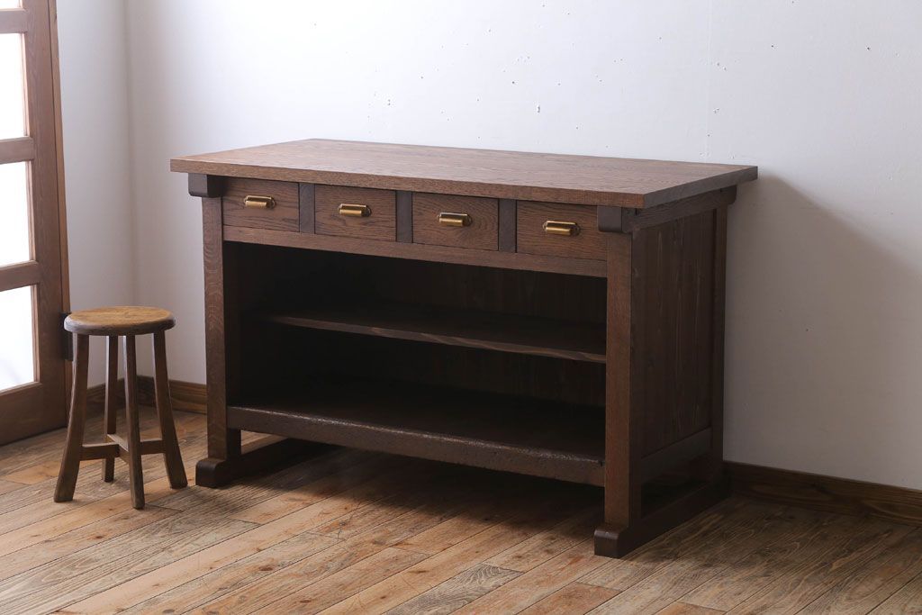 アンティーク家具　和製アンティーク　骨太で重厚な古い木製の作業台(カウンターテーブル)(3)