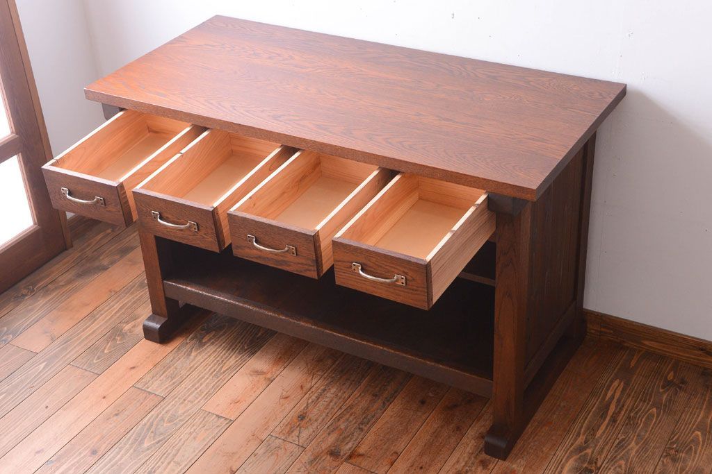 アンティーク家具　和製アンティーク　重厚な古い木製のカウンター作業台(カウンターテーブル)