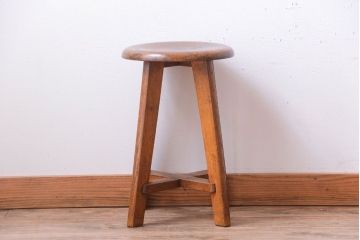 アンティーク家具　アンティーク　古い木のシンプルな丸スツール(3)