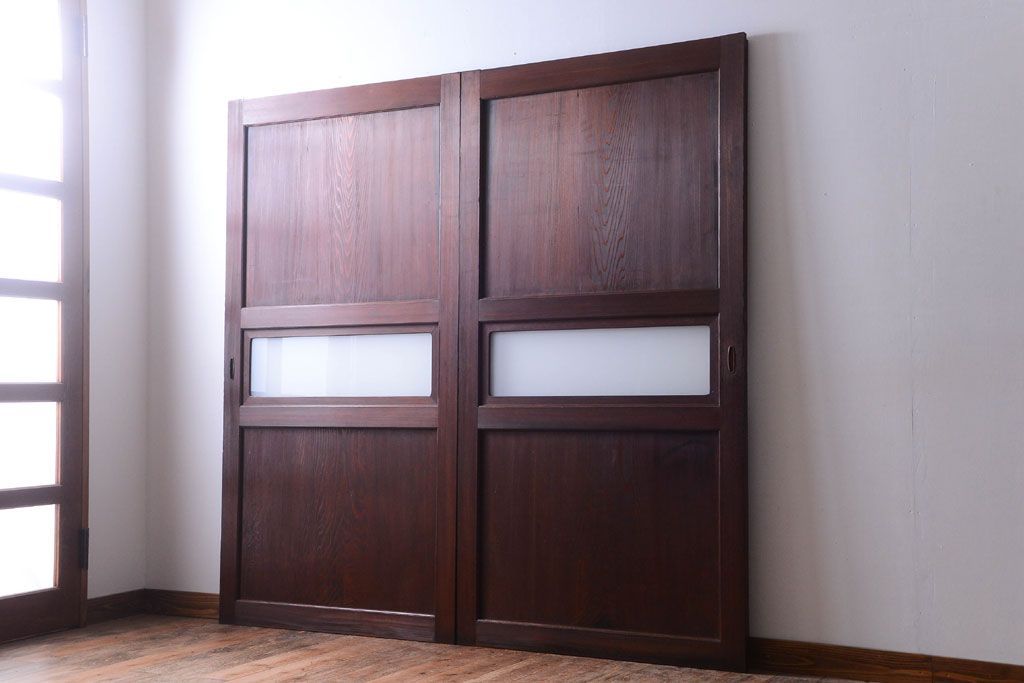 和製アンティーク　上質な古いすりガラス帯の引き戸2枚セット(ガラス帯戸)