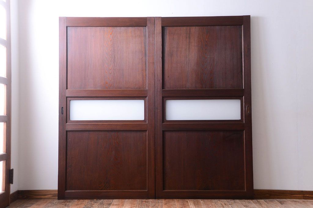 和製アンティーク　上質な古いすりガラス帯の引き戸2枚セット(ガラス帯戸)