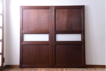 和製アンティーク　上質な古いすりガラス帯の引き戸2枚セット(ガラス帯戸)