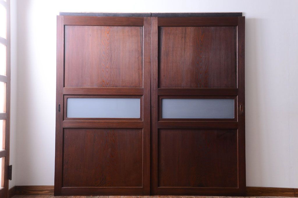 和製アンティーク　上質な古いすりガラス帯の引き戸2枚セット(ガラス帯戸)