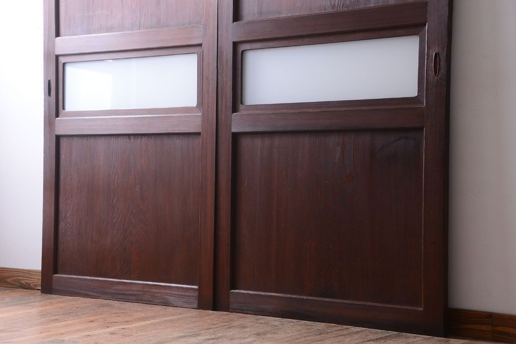 和製アンティーク　上質な古いすりガラス帯の引き戸2枚セット(ガラス帯戸)