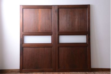 和製アンティーク　上質な古いすりガラス帯の引き戸2枚セット(ガラス帯戸)