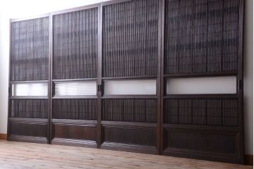 古民具・骨董　裏障子付き!モールガラス帯のアンティーク格子戸4枚セット