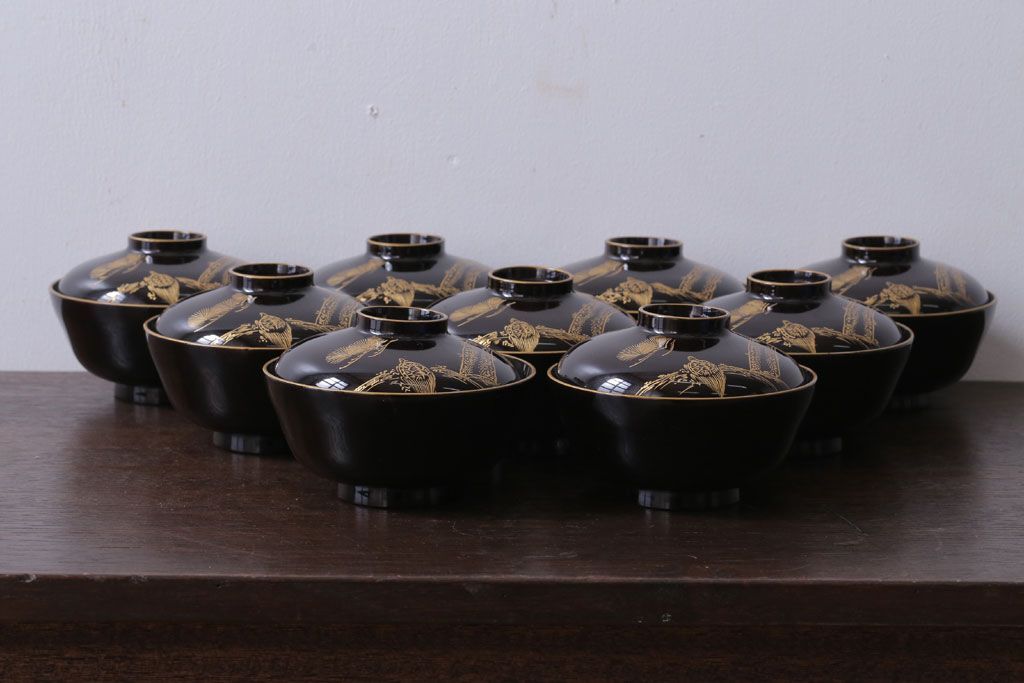 アンティーク雑貨　アンティーク　大正〜昭和初期　鶴亀の図　沈金蒔絵木製椀9客