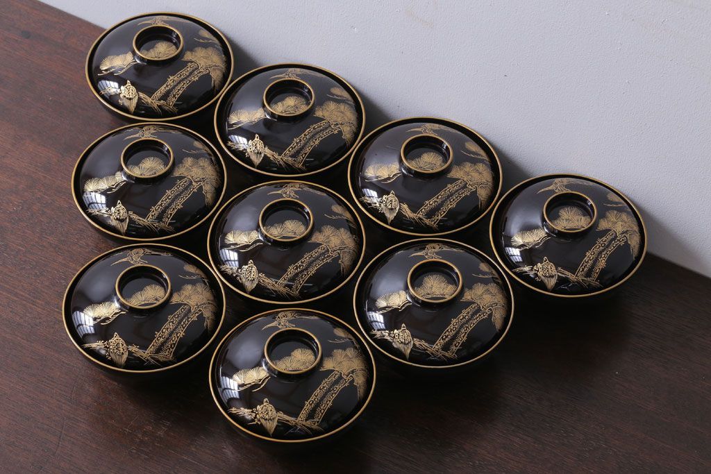 アンティーク雑貨　アンティーク　大正〜昭和初期　鶴亀の図　沈金蒔絵木製椀9客