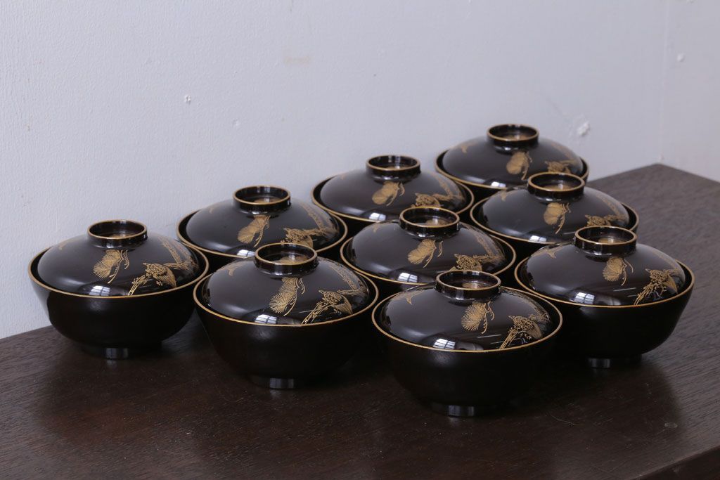 アンティーク雑貨　アンティーク　大正〜昭和初期　鶴亀の図　沈金蒔絵木製椀9客
