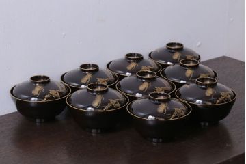 アンティーク雑貨　アンティーク　大正〜昭和初期　鶴亀の図　沈金蒔絵木製椀9客