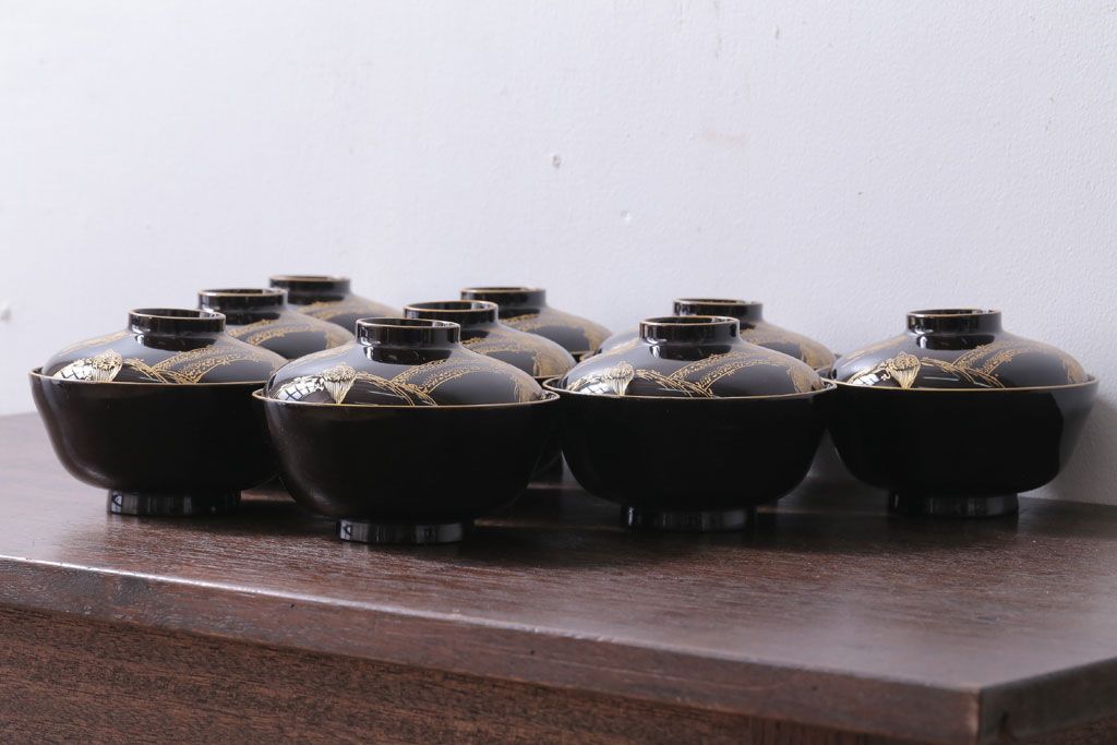 アンティーク雑貨　アンティーク　大正〜昭和初期　鶴亀の図　沈金蒔絵木製椀9客