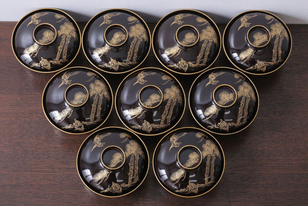 アンティーク雑貨　アンティーク　大正〜昭和初期　鶴亀の図　沈金蒔絵木製椀9客