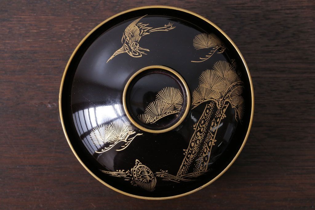 アンティーク雑貨　アンティーク　大正〜昭和初期　鶴亀の図　沈金蒔絵木製椀9客