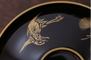 アンティーク雑貨　アンティーク　大正〜昭和初期　鶴亀の図　沈金蒔絵木製椀9客