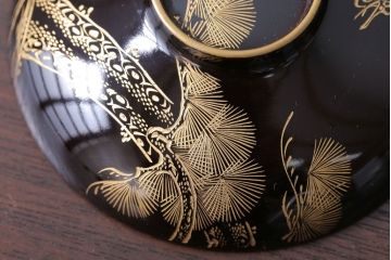 アンティーク雑貨　アンティーク　大正〜昭和初期　鶴亀の図　沈金蒔絵木製椀9客