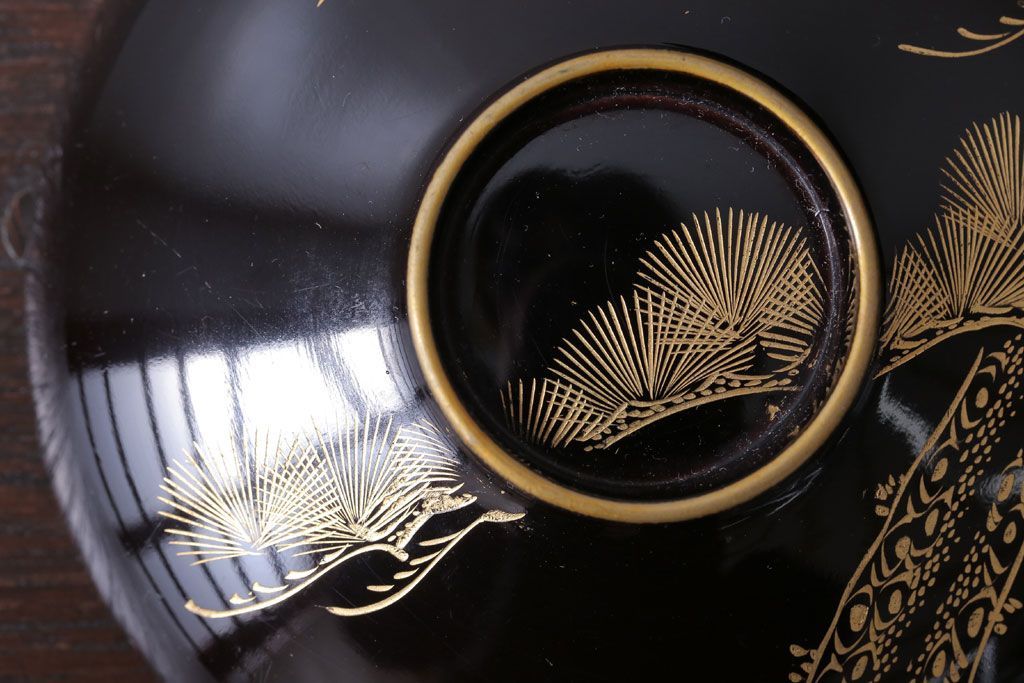 アンティーク雑貨　アンティーク　大正〜昭和初期　鶴亀の図　沈金蒔絵木製椀9客