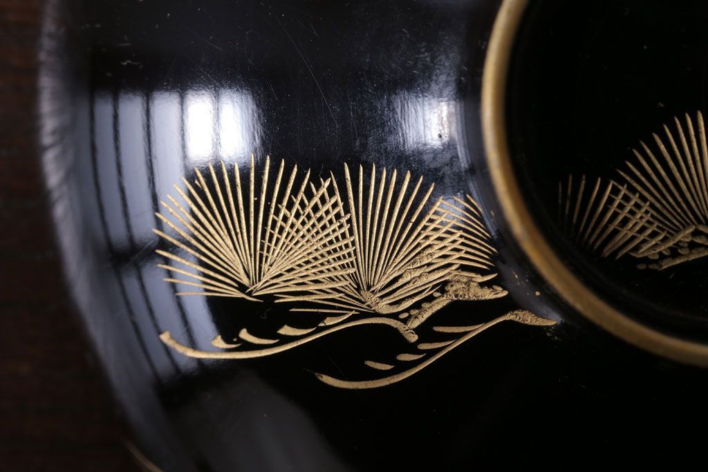 アンティーク雑貨　アンティーク　大正〜昭和初期　鶴亀の図　沈金蒔絵木製椀9客