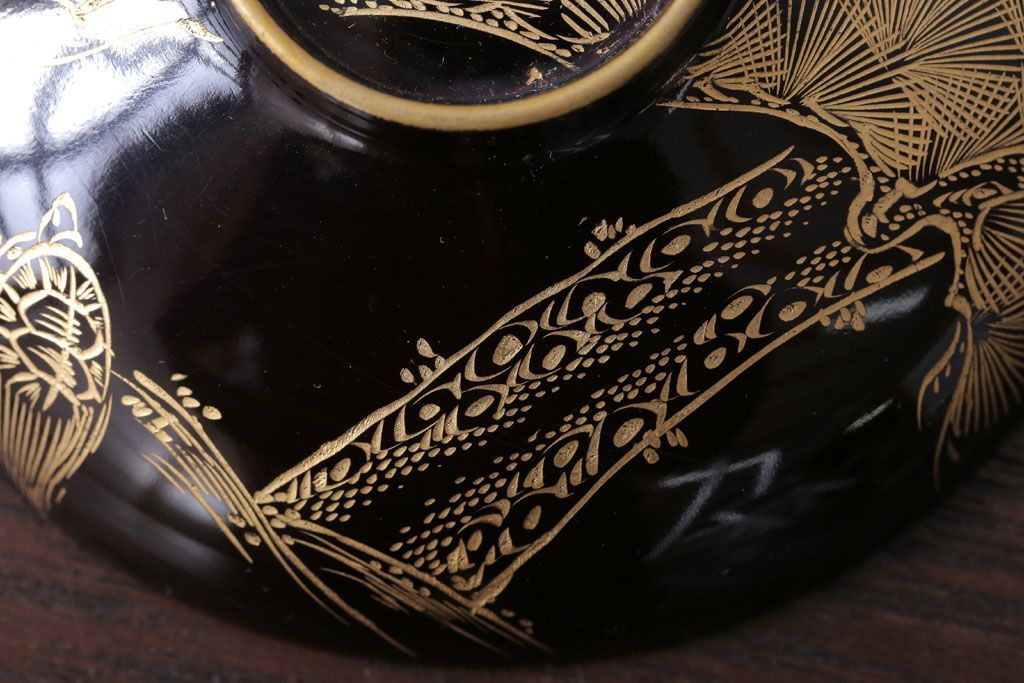 アンティーク雑貨　アンティーク　大正〜昭和初期　鶴亀の図　沈金蒔絵木製椀9客
